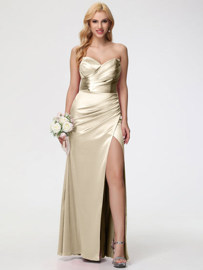 Girls Champagne Bridesmaid Dress Removable Spaghetti Straps Sweetheart Ruched Sheath Stretch Satin Bridesmaid Dress With Slit