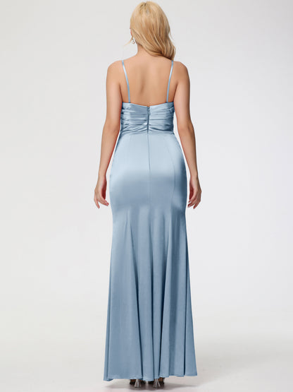 Dusty Blue Multiway Bridesmaid Dress Removable Spaghetti Straps Sweetheart Ruched Sheath Stretch Satin Bridesmaid Dress With Slit