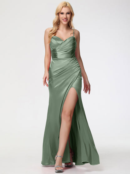 Dusty Sage Bridesmaids Dresses Removable Spaghetti Straps Sweetheart Ruched Sheath Stretch Satin Bridesmaid Dress With Slit