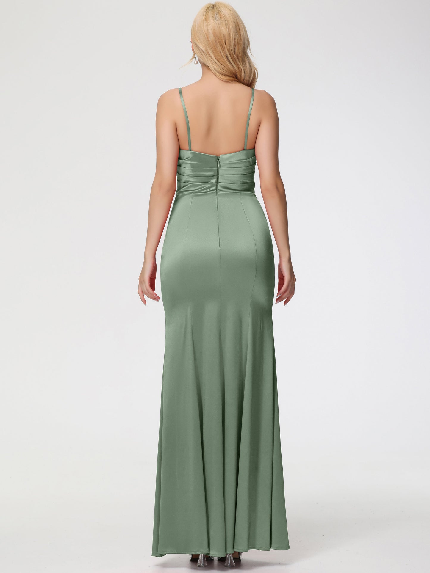 Dusty Sage Bridesmaids Dresses Removable Spaghetti Straps Sweetheart Ruched Sheath Stretch Satin Bridesmaid Dress With Slit