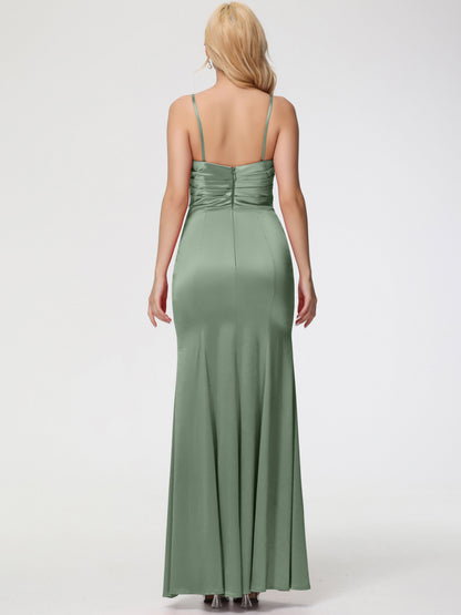 Dusty Sage Bridesmaids Dresses Removable Spaghetti Straps Sweetheart Ruched Sheath Stretch Satin Bridesmaid Dress With Slit