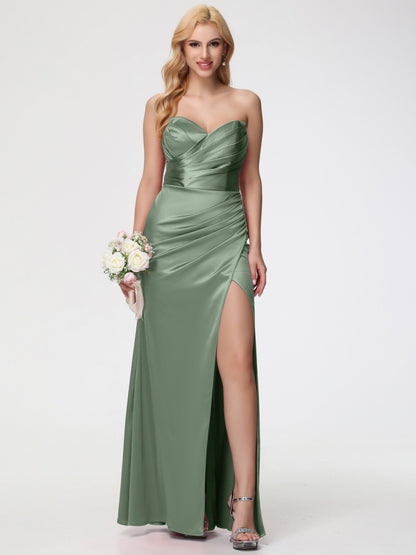 Dusty Sage Bridesmaids Dresses Removable Spaghetti Straps Sweetheart Ruched Sheath Stretch Satin Bridesmaid Dress With Slit