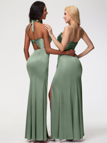 Dusty Sage Bridesmaids Dresses Removable Spaghetti Straps Sweetheart Ruched Sheath Stretch Satin Bridesmaid Dress With Slit