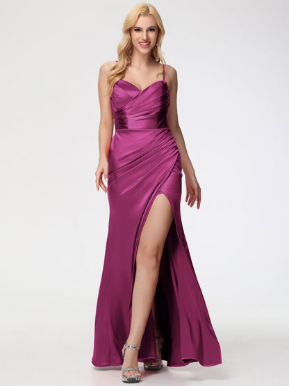 Fuchsia Bridesmaid Dress Removable Spaghetti Straps Sweetheart Ruched Sheath Stretch Satin Bridesmaid Dress With Slit
