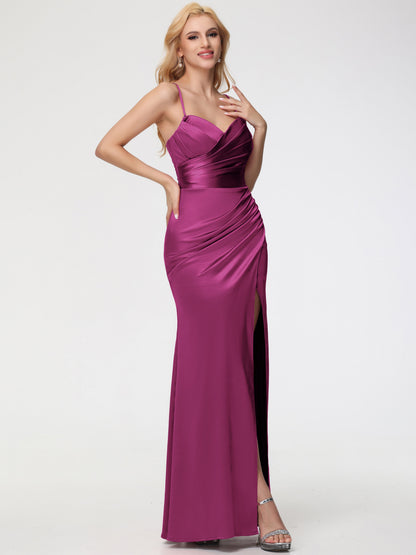 Fuchsia Bridesmaid Dress Removable Spaghetti Straps Sweetheart Ruched Sheath Stretch Satin Bridesmaid Dress With Slit