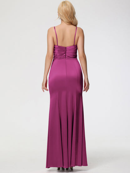 Fuchsia Bridesmaid Dress Removable Spaghetti Straps Sweetheart Ruched Sheath Stretch Satin Bridesmaid Dress With Slit