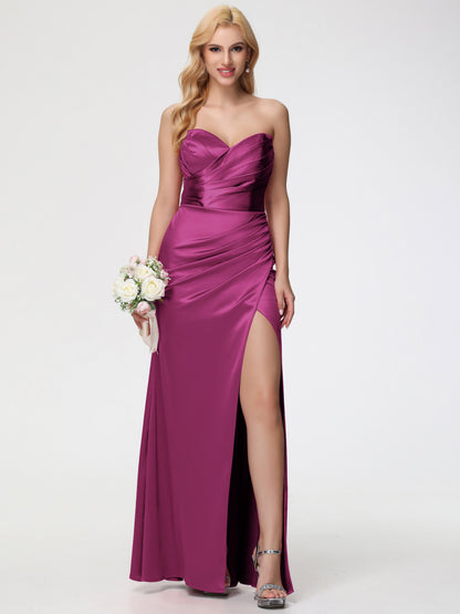 Fuchsia Bridesmaid Dress Removable Spaghetti Straps Sweetheart Ruched Sheath Stretch Satin Bridesmaid Dress With Slit