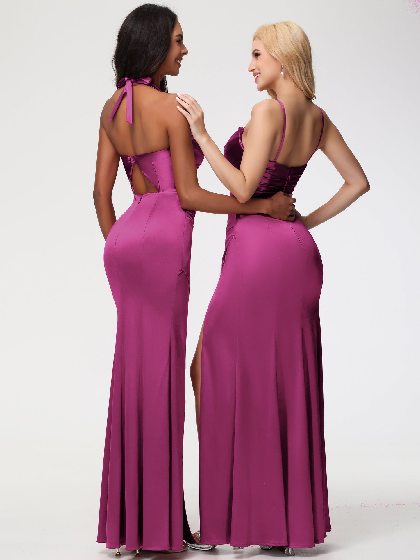 Fuchsia Bridesmaid Dress Removable Spaghetti Straps Sweetheart Ruched Sheath Stretch Satin Bridesmaid Dress With Slit