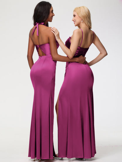 Fuchsia Bridesmaid Dress Removable Spaghetti Straps Sweetheart Ruched Sheath Stretch Satin Bridesmaid Dress With Slit