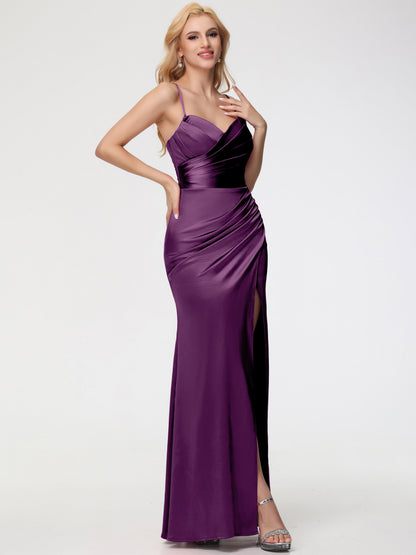 Grape Bridesmaid Dresses Removable Spaghetti Straps Sweetheart Ruched Sheath Stretch Satin Bridesmaid Dress With Slit