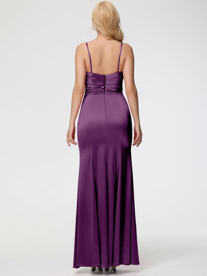 Grape Bridesmaid Dresses Removable Spaghetti Straps Sweetheart Ruched Sheath Stretch Satin Bridesmaid Dress With Slit