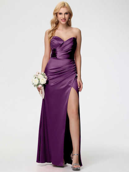 Grape Bridesmaid Dresses Removable Spaghetti Straps Sweetheart Ruched Sheath Stretch Satin Bridesmaid Dress With Slit