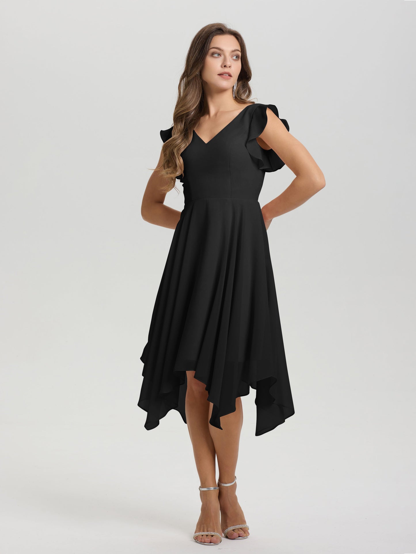 Ruffle Sleeves V-neck Asymmetrical Tea Length Chiffon Bridesmaid Dresses