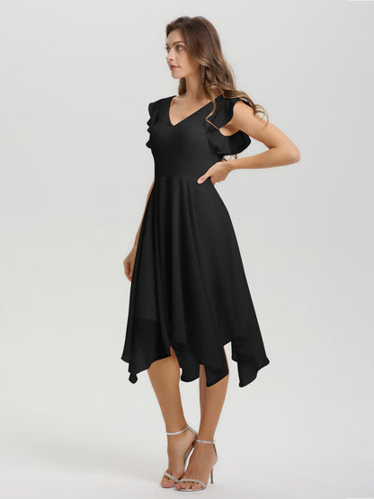 Ruffle Sleeves V-neck Asymmetrical Tea Length Chiffon Bridesmaid Dresses