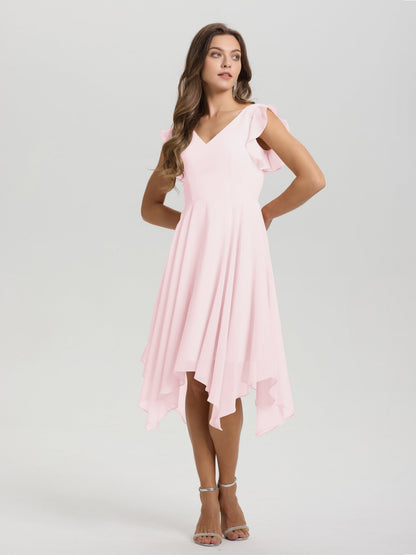 Ruffle Sleeves V-neck Asymmetrical Tea Length Chiffon Bridesmaid Dresses