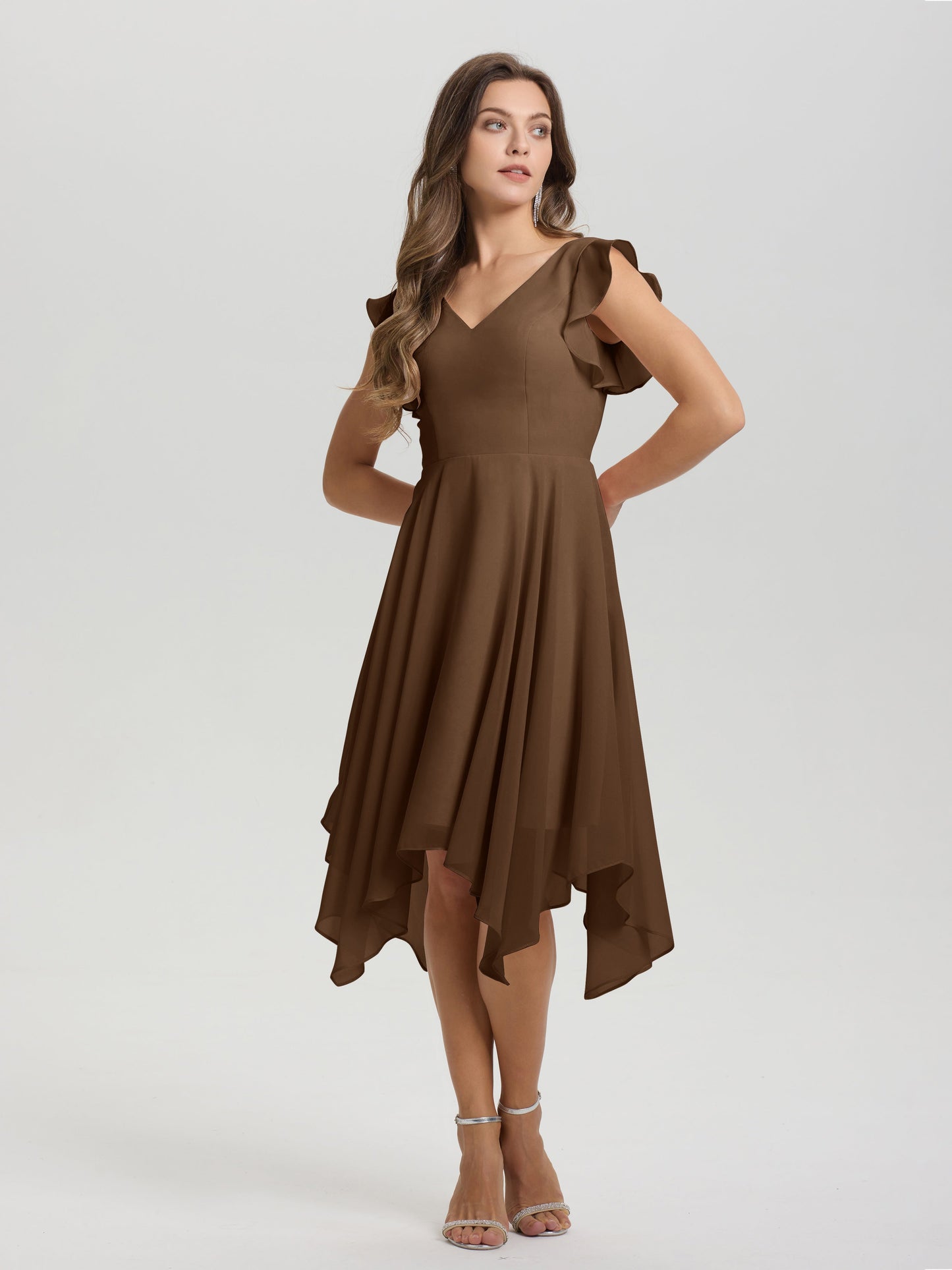Ruffle Sleeves V-neck Asymmetrical Tea Length Chiffon Bridesmaid Dresses