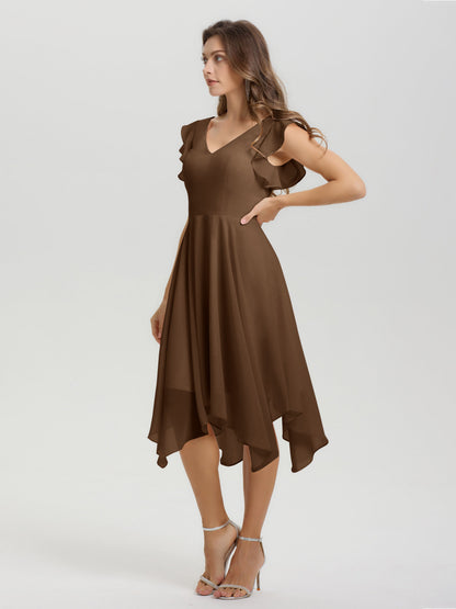 Ruffle Sleeves V-neck Asymmetrical Tea Length Chiffon Bridesmaid Dresses
