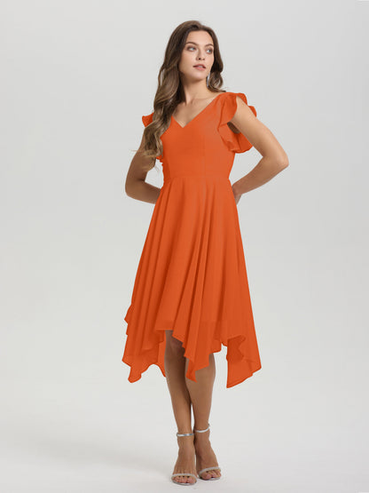Ruffle Sleeves V-neck Asymmetrical Tea Length Chiffon Bridesmaid Dresses
