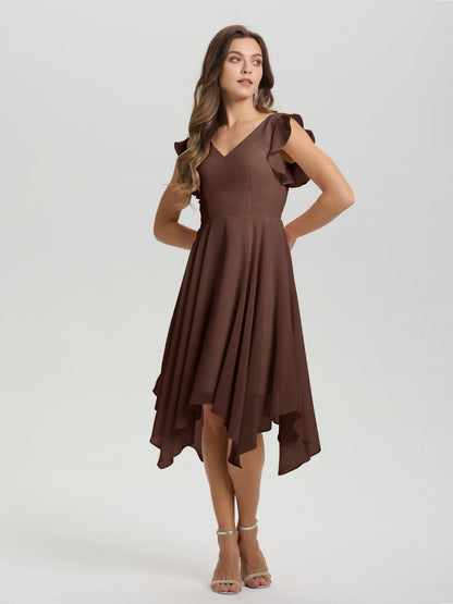 Ruffle Sleeves V-neck Asymmetrical Tea Length Chiffon Bridesmaid Dresses