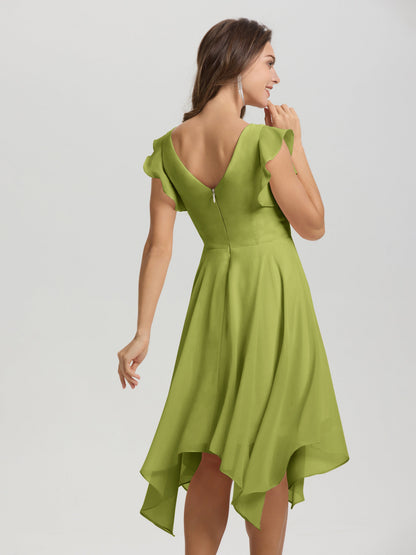Ruffle Sleeves V-neck Asymmetrical Tea Length Chiffon Bridesmaid Dresses