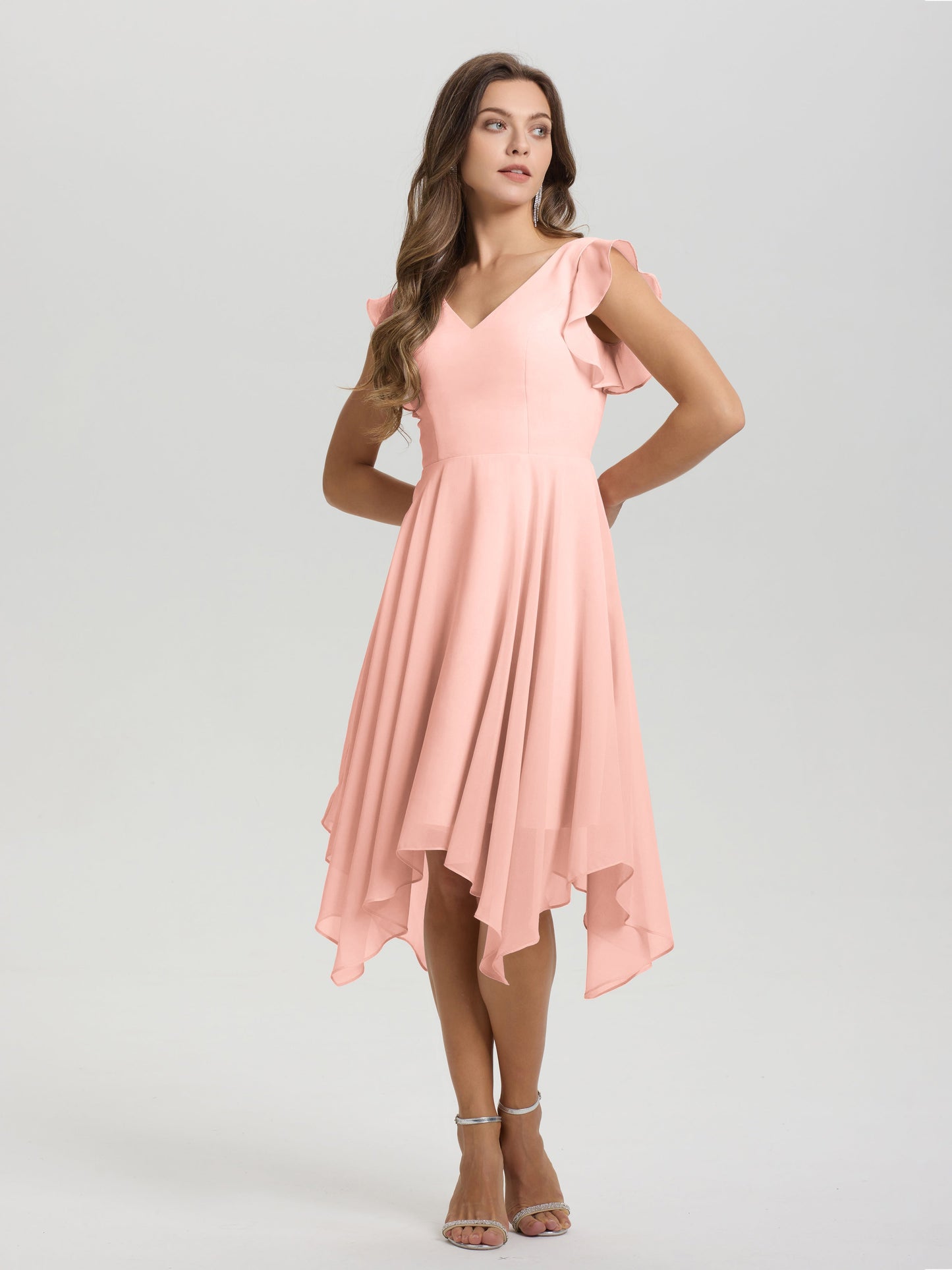 Ruffle Sleeves V-neck Asymmetrical Tea Length Chiffon Bridesmaid Dresses