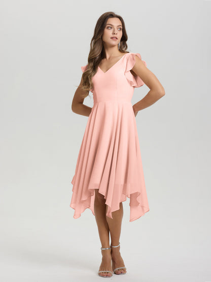 Ruffle Sleeves V-neck Asymmetrical Tea Length Chiffon Bridesmaid Dresses