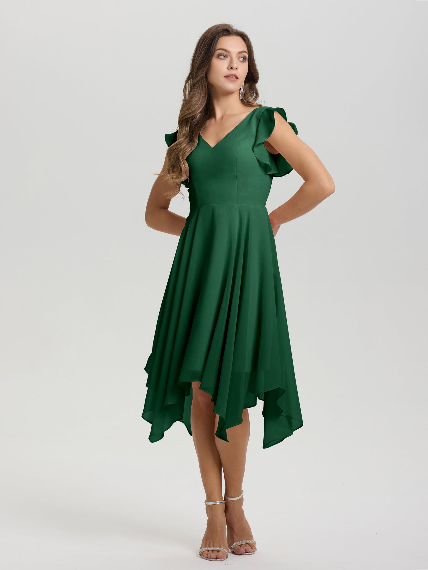 Ruffle Sleeves V-neck Asymmetrical Tea Length Chiffon Bridesmaid Dresses