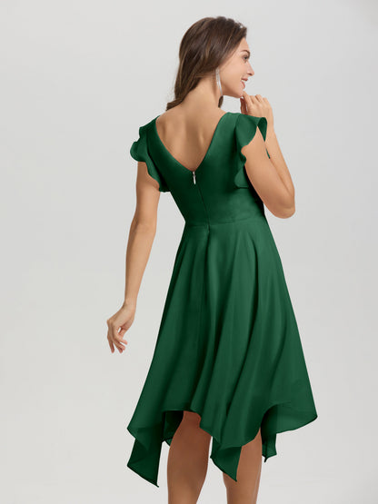 Ruffle Sleeves V-neck Asymmetrical Tea Length Chiffon Bridesmaid Dresses