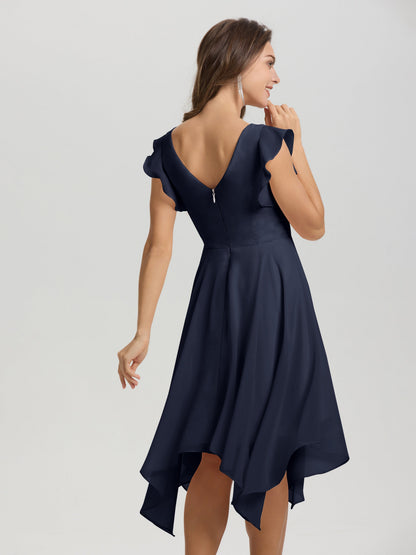 Ruffle Sleeves V-neck Asymmetrical Tea Length Chiffon Bridesmaid Dresses