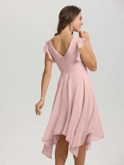 Ruffle Sleeves V-neck Asymmetrical Tea Length Chiffon Bridesmaid Dresses