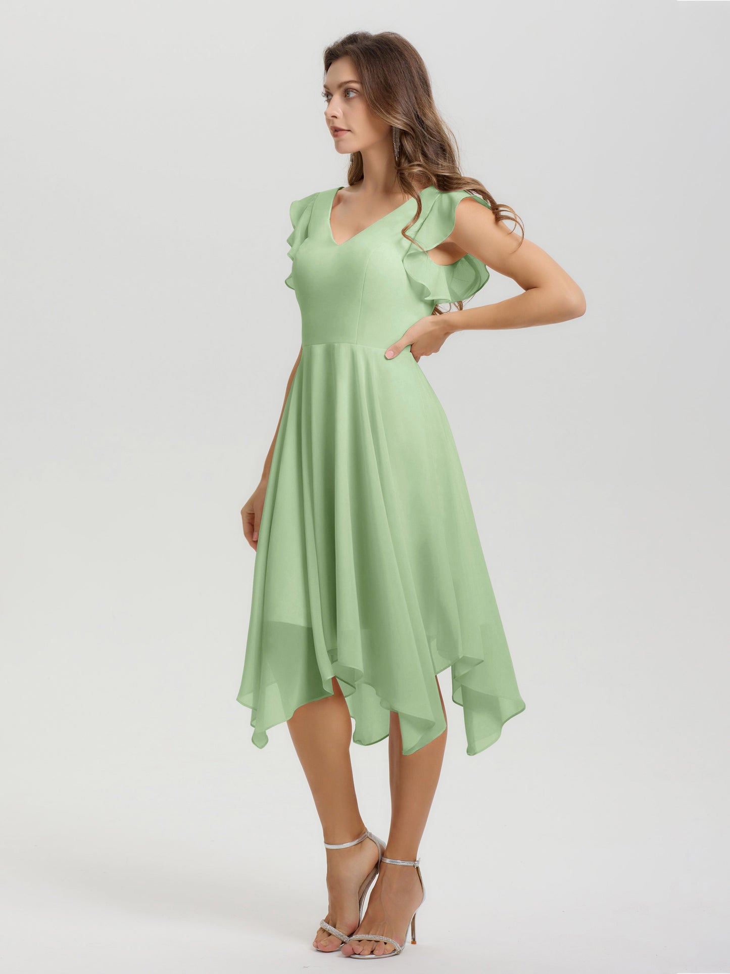 Ruffle Sleeves V-neck Asymmetrical Tea Length Chiffon Bridesmaid Dresses