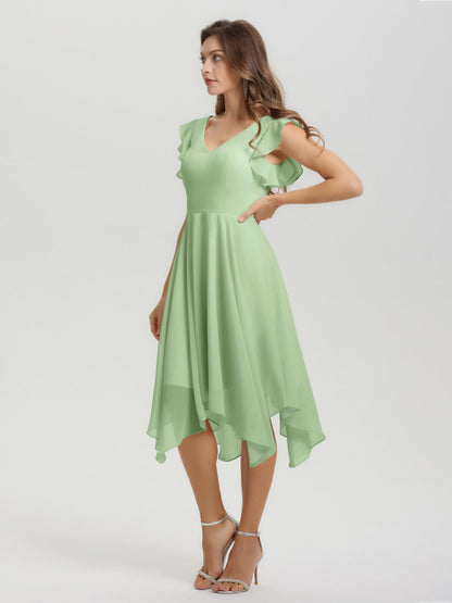 Ruffle Sleeves V-neck Asymmetrical Tea Length Chiffon Bridesmaid Dresses