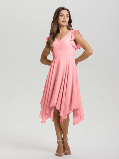 Ruffle Sleeves V-neck Asymmetrical Tea Length Chiffon Bridesmaid Dresses