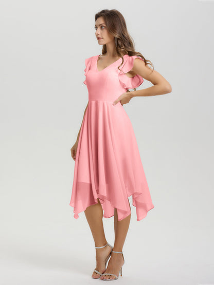 Ruffle Sleeves V-neck Asymmetrical Tea Length Chiffon Bridesmaid Dresses