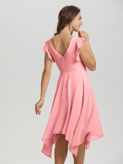 Ruffle Sleeves V-neck Asymmetrical Tea Length Chiffon Bridesmaid Dresses
