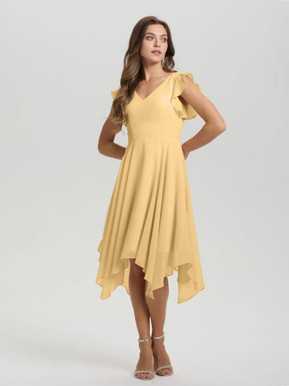 Ruffle Sleeves V-neck Asymmetrical Tea Length Chiffon Bridesmaid Dresses
