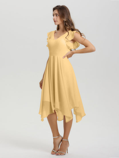 Ruffle Sleeves V-neck Asymmetrical Tea Length Chiffon Bridesmaid Dresses