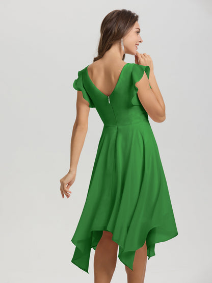 Ruffle Sleeves V-neck Asymmetrical Tea Length Chiffon Bridesmaid Dresses