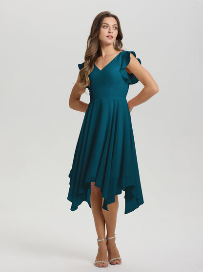 Ruffle Sleeves V-neck Asymmetrical Tea Length Chiffon Bridesmaid Dresses