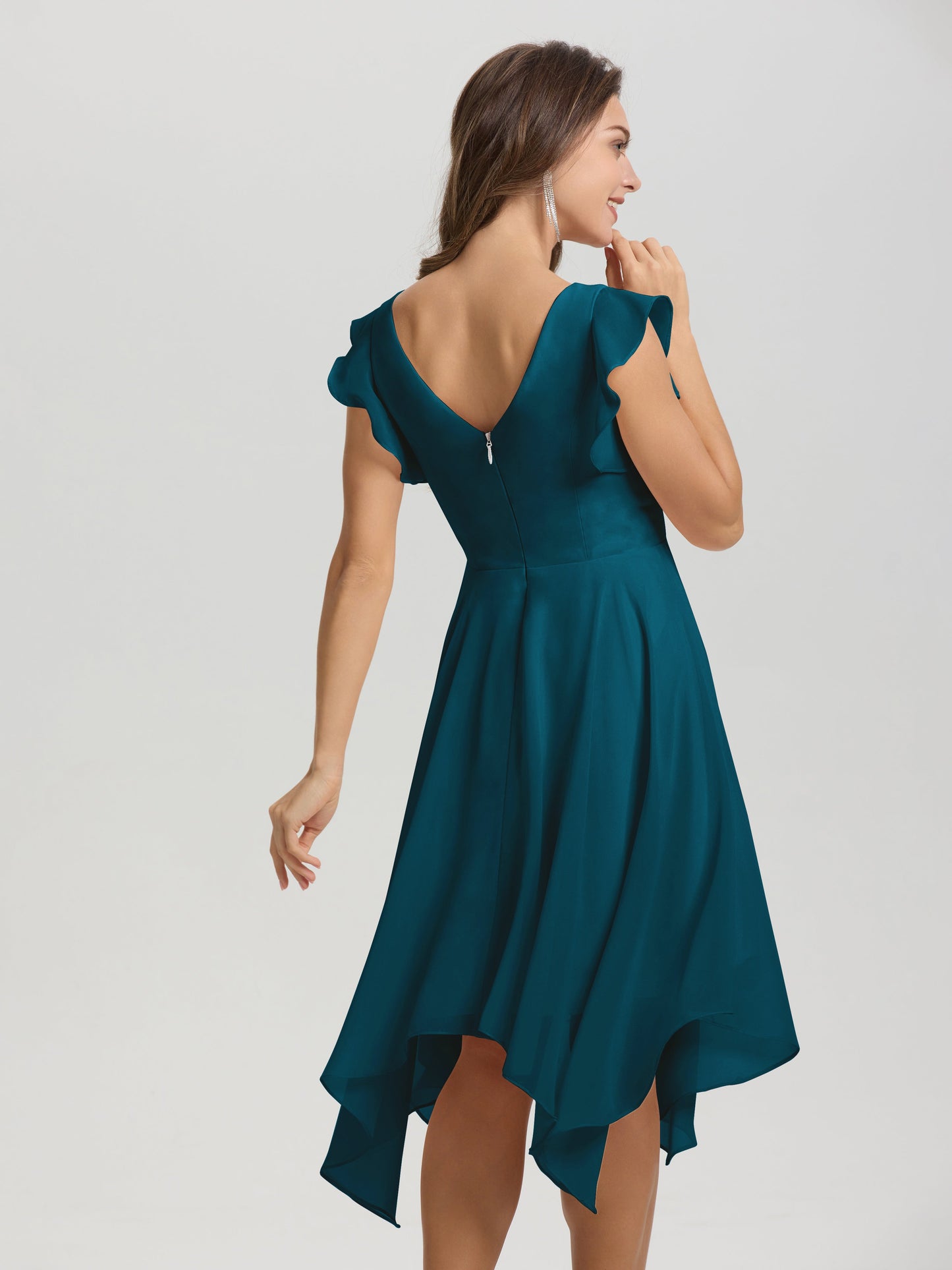 Ruffle Sleeves V-neck Asymmetrical Tea Length Chiffon Bridesmaid Dresses