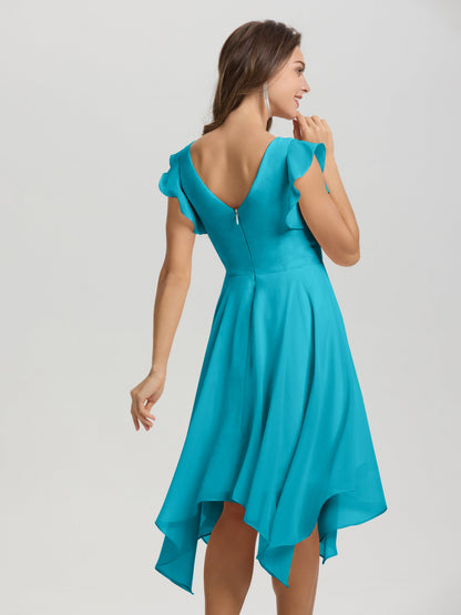 Ruffle Sleeves V-neck Asymmetrical Tea Length Chiffon Bridesmaid Dresses