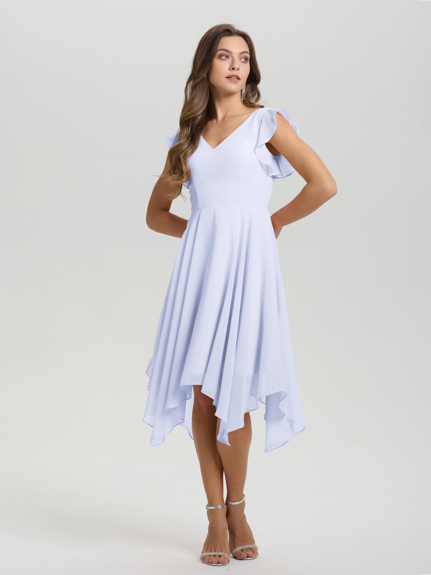 Ruffle Sleeves V-neck Asymmetrical Tea Length Chiffon Bridesmaid Dresses