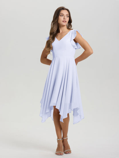 Ruffle Sleeves V-neck Asymmetrical Tea Length Chiffon Bridesmaid Dresses