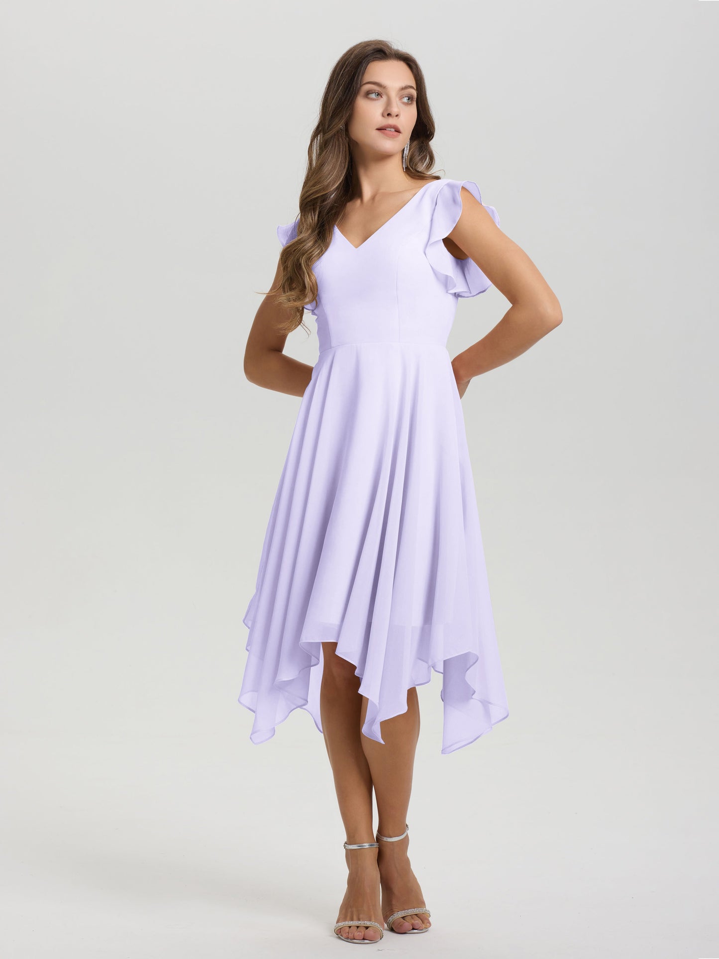 Ruffle Sleeves V-neck Asymmetrical Tea Length Chiffon Bridesmaid Dresses