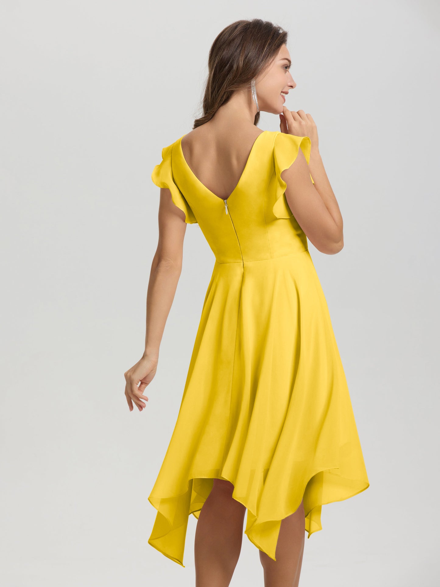 Ruffle Sleeves V-neck Asymmetrical Tea Length Chiffon Bridesmaid Dresses