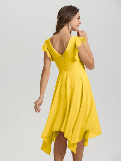 Ruffle Sleeves V-neck Asymmetrical Tea Length Chiffon Bridesmaid Dresses