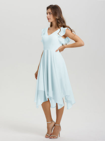 Ruffle Sleeves V-neck Asymmetrical Tea Length Chiffon Bridesmaid Dresses