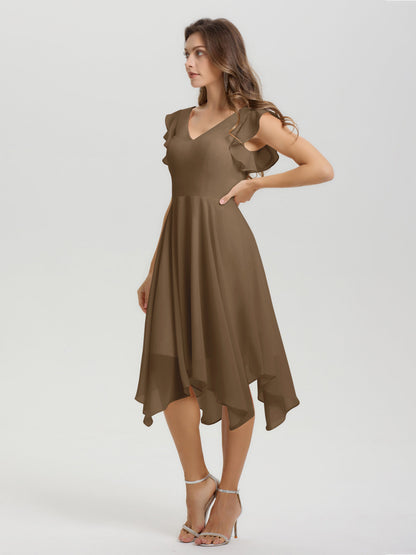 Ruffle Sleeves V-neck Asymmetrical Tea Length Chiffon Bridesmaid Dresses