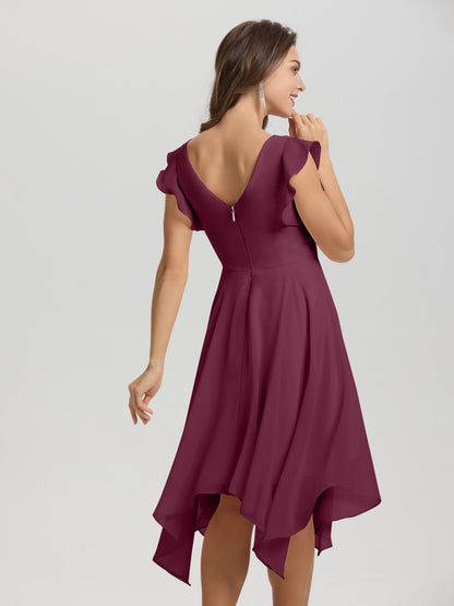 Ruffle Sleeves V-neck Asymmetrical Tea Length Chiffon Bridesmaid Dresses