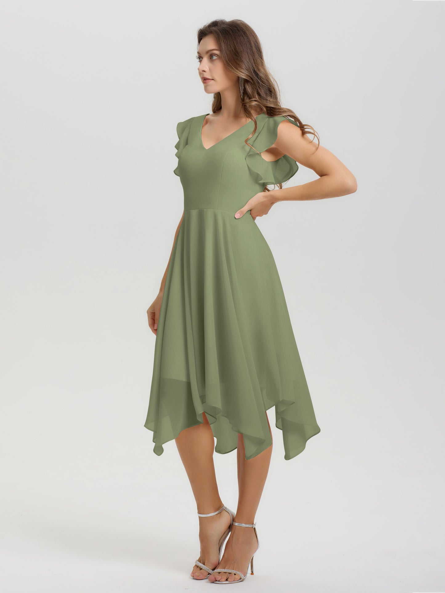 Ruffle Sleeves V-neck Asymmetrical Tea Length Chiffon Bridesmaid Dresses